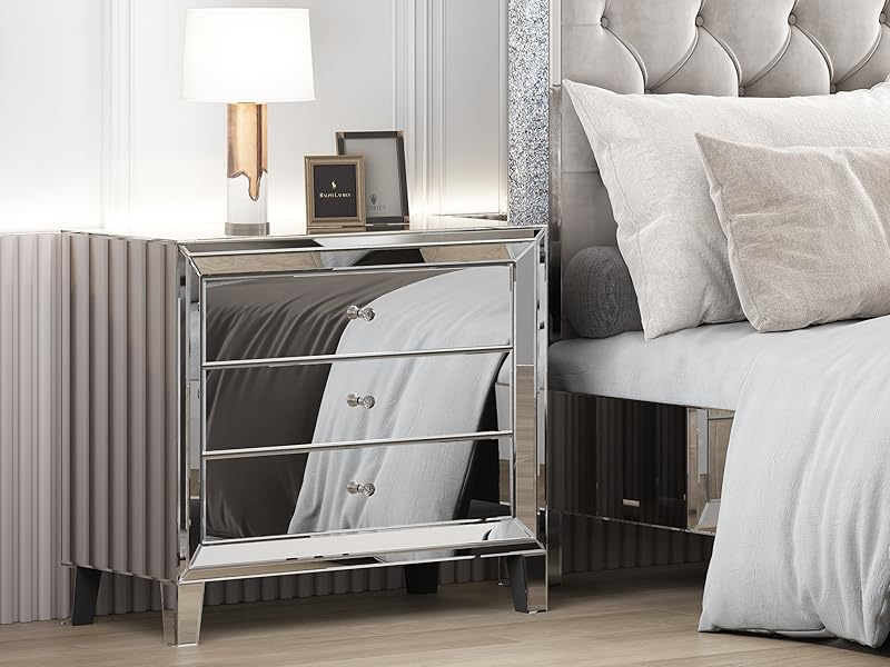 クリスタル付きミラーナイトスタンド BEDSIDE TABLE Muiity Mirrored Nightstand with Drawer & Cabinets, Modern