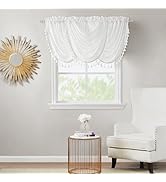 Vision Home White Semi Sheer Waterfall Valance Curtain with Decorative Tassles Trims Solid Kitche...