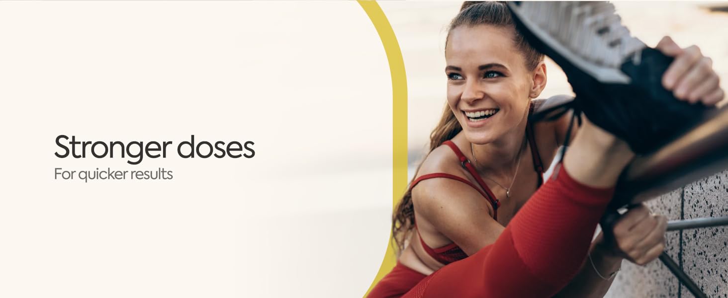 Text reads 'Stronger doses'. Athletic scene showing person in red workout attire exercising outdoors.