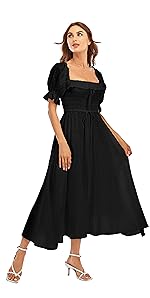 Vintage Elastic Square Neck Ruffled Half Sleeve Summer Backless Beach Flowy Maxi Dresses 