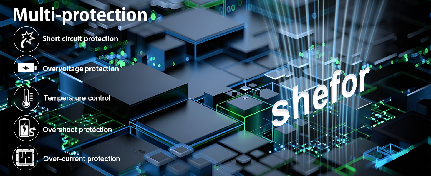Circuit board graphic showing multi-protection features including temperature control, overload protection, and short circuit protection for Shefor device.