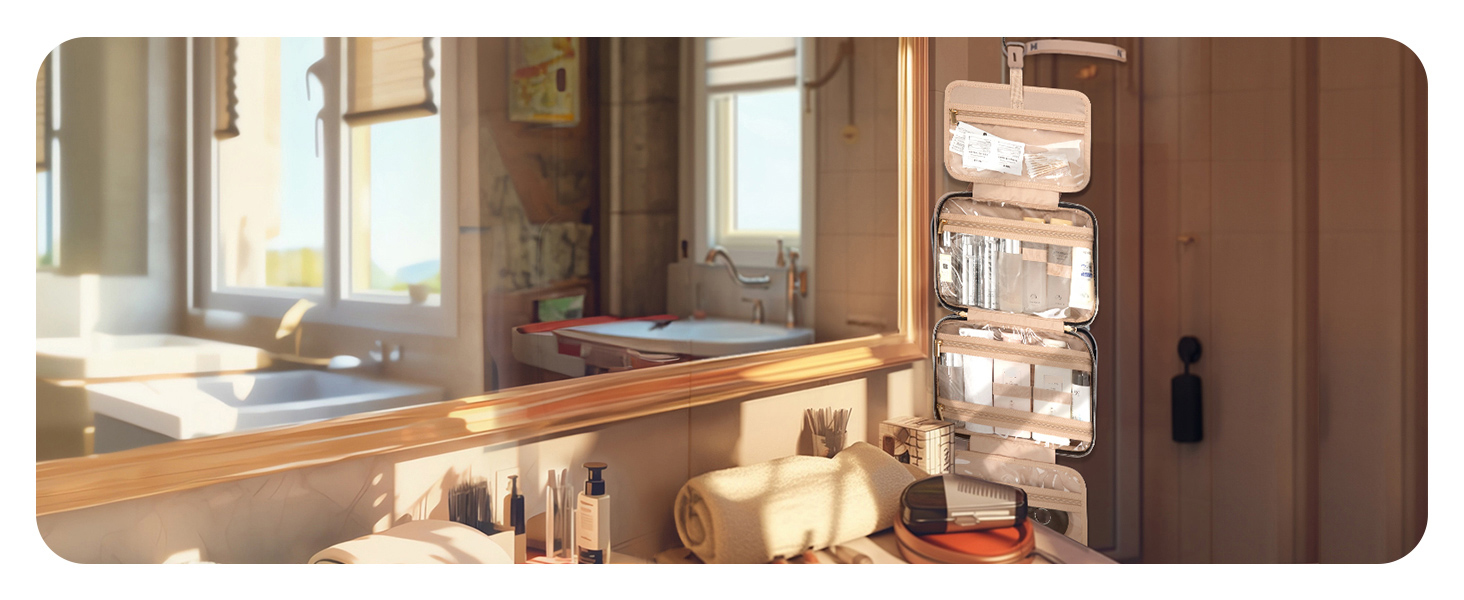 Bathroom countertop with sink, wooden surface, and hanging organizer. Organizer contains transparent compartments filled with various toiletries and personal care items.