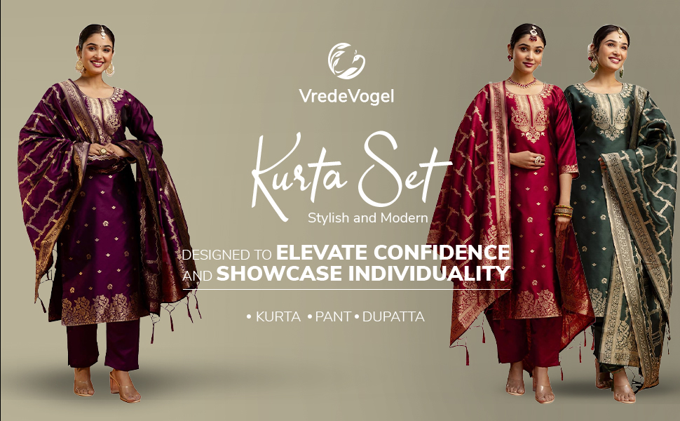 VredeVogel Women's Cotton Silk Blend Zari Work Kurta Pant Set with Jacquard Silk Dupatta