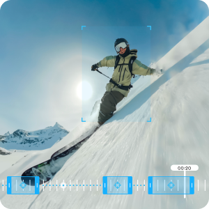 Interfaz de reproductor de vídeo que muestra imágenes de esquí en nieve con controles de reproducción y línea de tiempo en la parte inferior. Varios fotogramas muestran a un esquiador en acción contra un telón de fondo de montañas nevadas con luz solar brillante.
