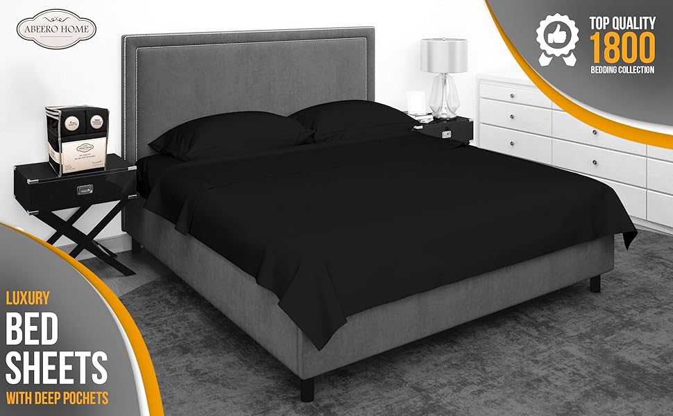 luxury bedroom, bed with black Abeero. Home bed sheets