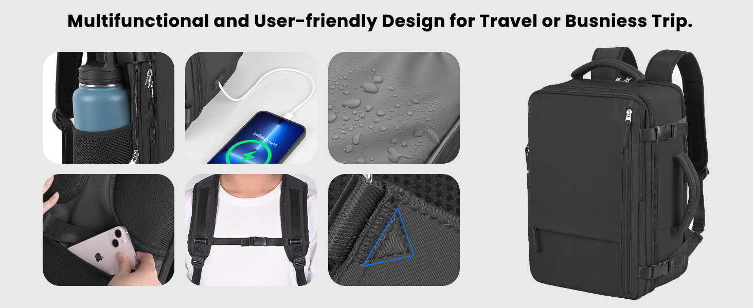 Snoffic Large Travel Backpack, Under Seat CarryOn 17.3” Laptop