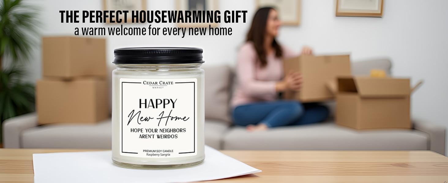 Funny housewarming candle with ‘Hope Your Neighbors Aren’t Weirdos’ label in modern living room