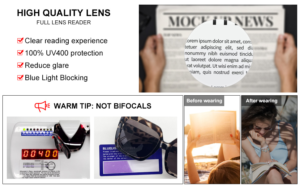 UV400 protection and blue light blocking reading lens