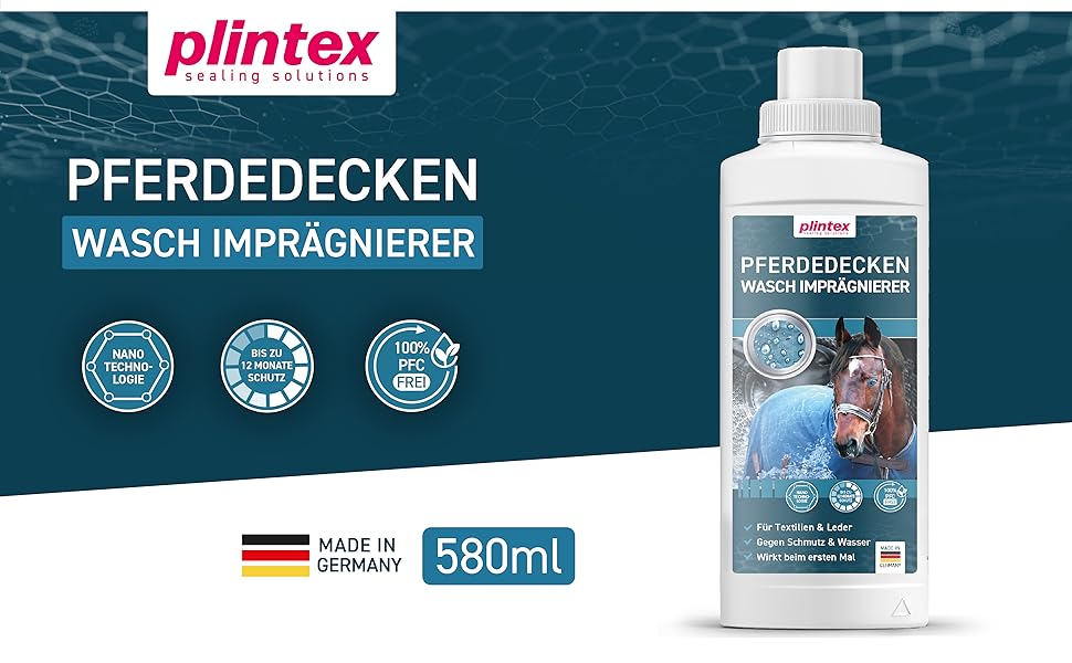 Plintex Pferdedecken-Waschlösung in einer 580-ml-Flasche. Die Produktverpackung zeigt deutschen Text und Pferdebilder auf blauem Hintergrund.