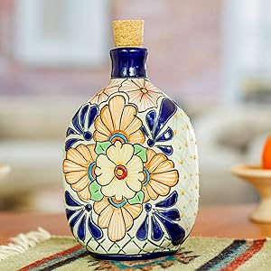 NOVICA Handblown Oval Floral Motif Talavera Style Ceramic Tequila Decanter for Serving Wine Drinks