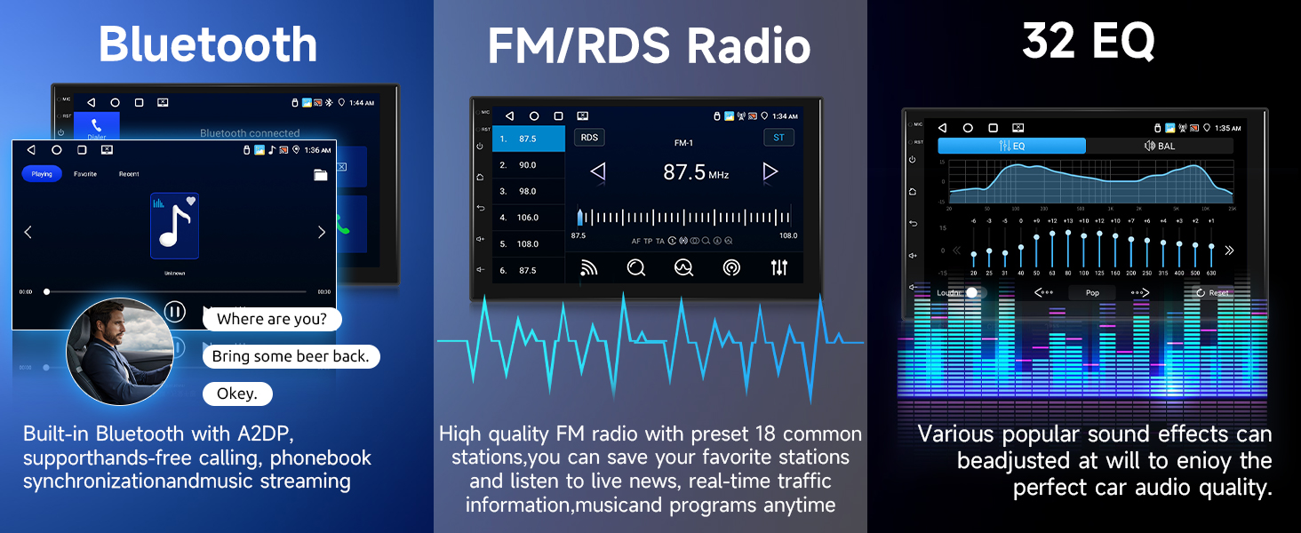 Tres pantallas de teléfono inteligente que muestran funciones relacionadas con el audio: interfaz de conexión Bluetooth, radio FM/RDS con forma de onda y ecualizador de 32 bandas con controles deslizantes ajustables