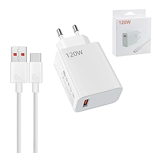 de 120 W con carcasa blanca, incluye un cable USB-C blanco a juego y un paquete de venta al por menor. Cuenta con capacidad de carga rápida
