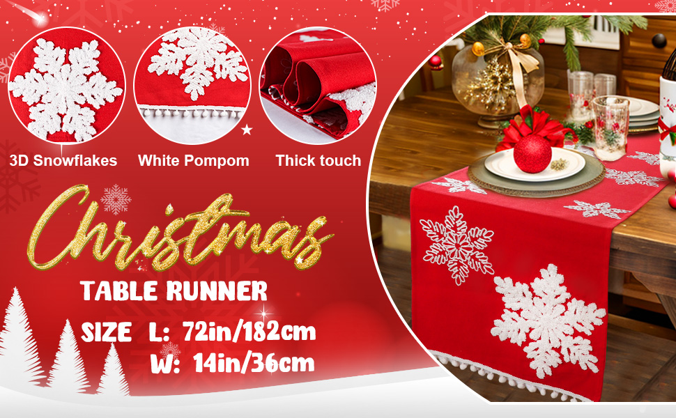 OurWarm Christmas Table Runner 72 Inches Long, Red Table Runner with 3D Snowflake