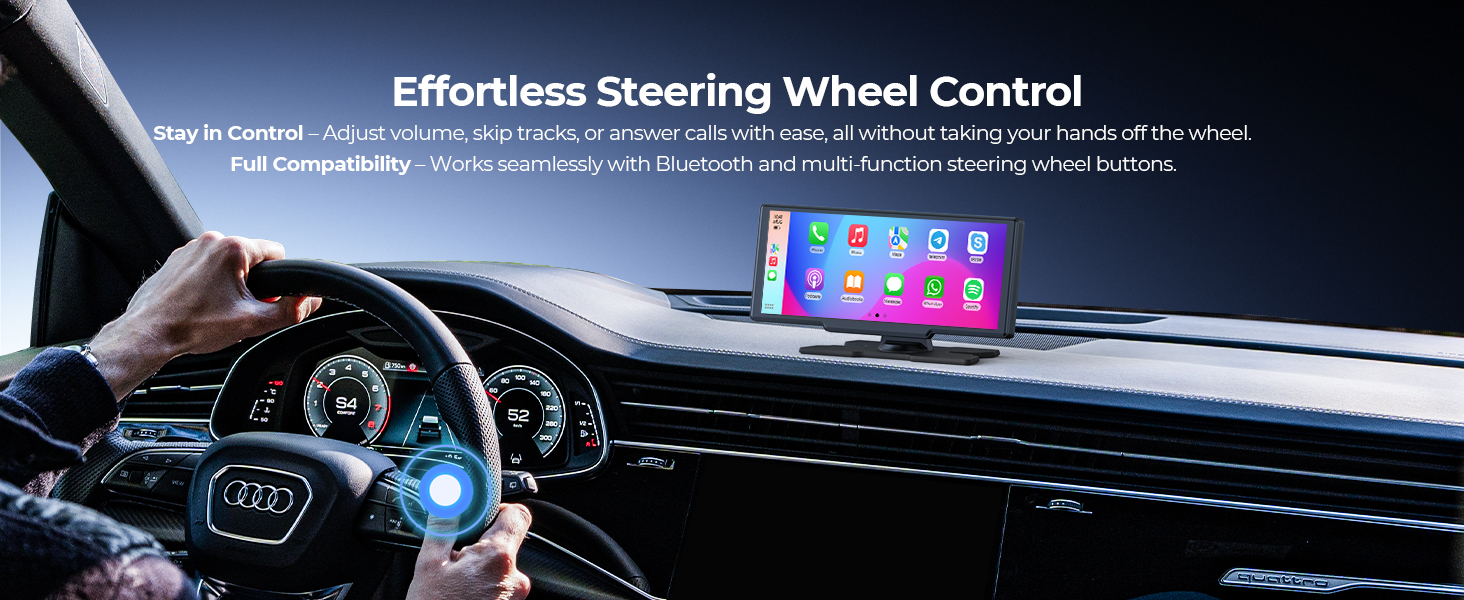 Car dashboard view showing steering wheel and mounted smartphone display, highlighting steering control features.