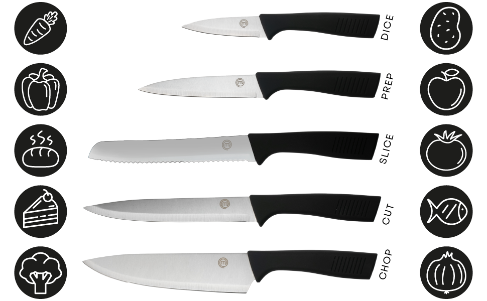 MasterChef Knife Set with Block, 5 Kitchen Knives with Sharp Stainless