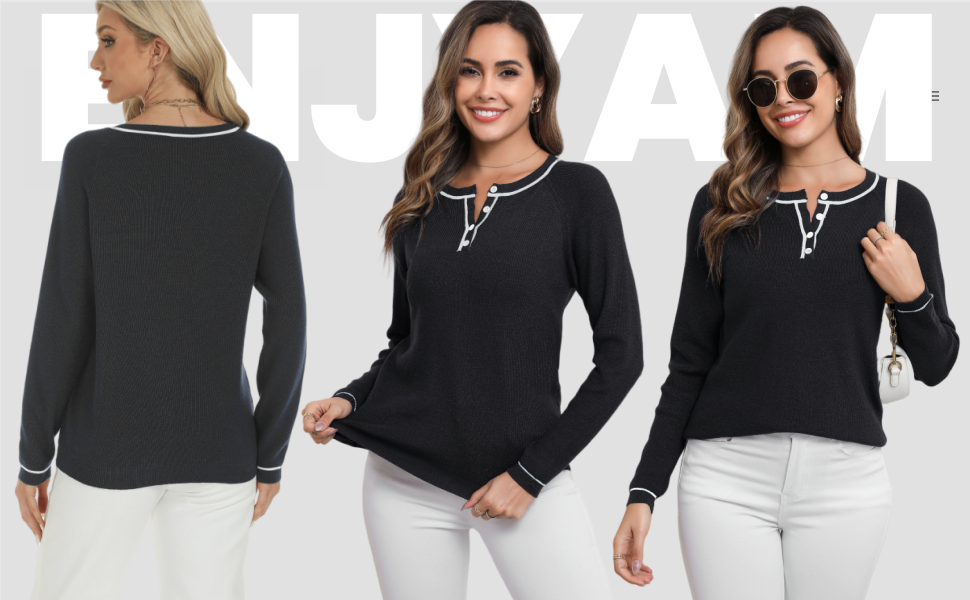 Enjyam Women Classic Crew Neck Jumpers with Button Colorblock Henley Neck Sweater for Autumn Winter