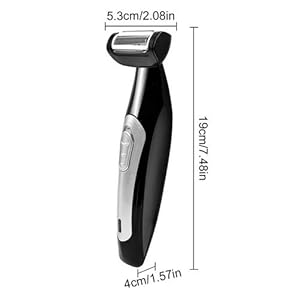 Technical product diagram showing dimensions: '5.3cm/2.08in', '19cm/7.48in', '4cm/1.57in' of a handheld grooming device in black and silver.