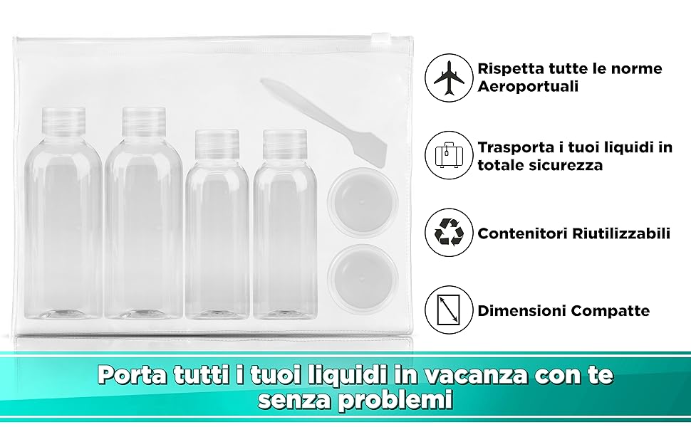 6 Bottiglie Da Viaggio 100 Ml - Con 2 Imbuti, Per Shampoo, Balsamo, Trasparenti, Per Travel