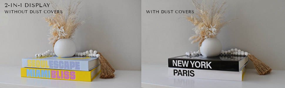 Colorful travel decorative books without dust covers (blue) and with dust covers in black and white