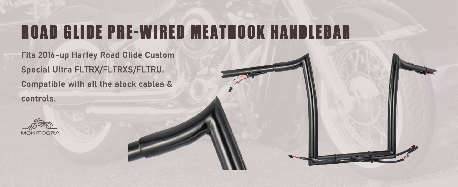 MoKitDora Road Glide Prewired Handlebar 14" Rise 11/4