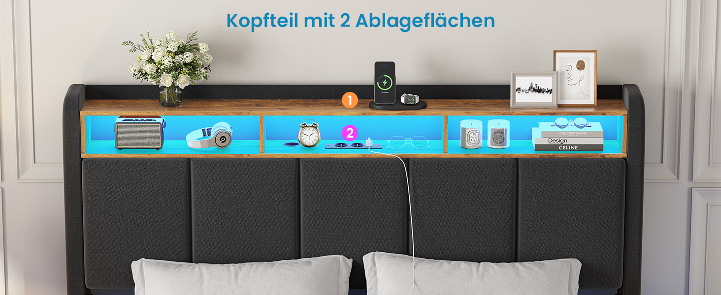 Kopfteil-Organizer mit mehreren Taschen, die an einem Bett befestigt sind, mit einem blauen Streifen mit verschiedenen Symbolen