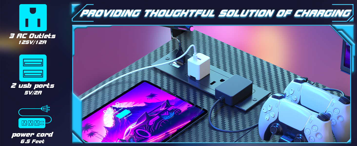 L shaped gmaing desk with 3 power port & 2 USB port provides a hassle-free solution for charging