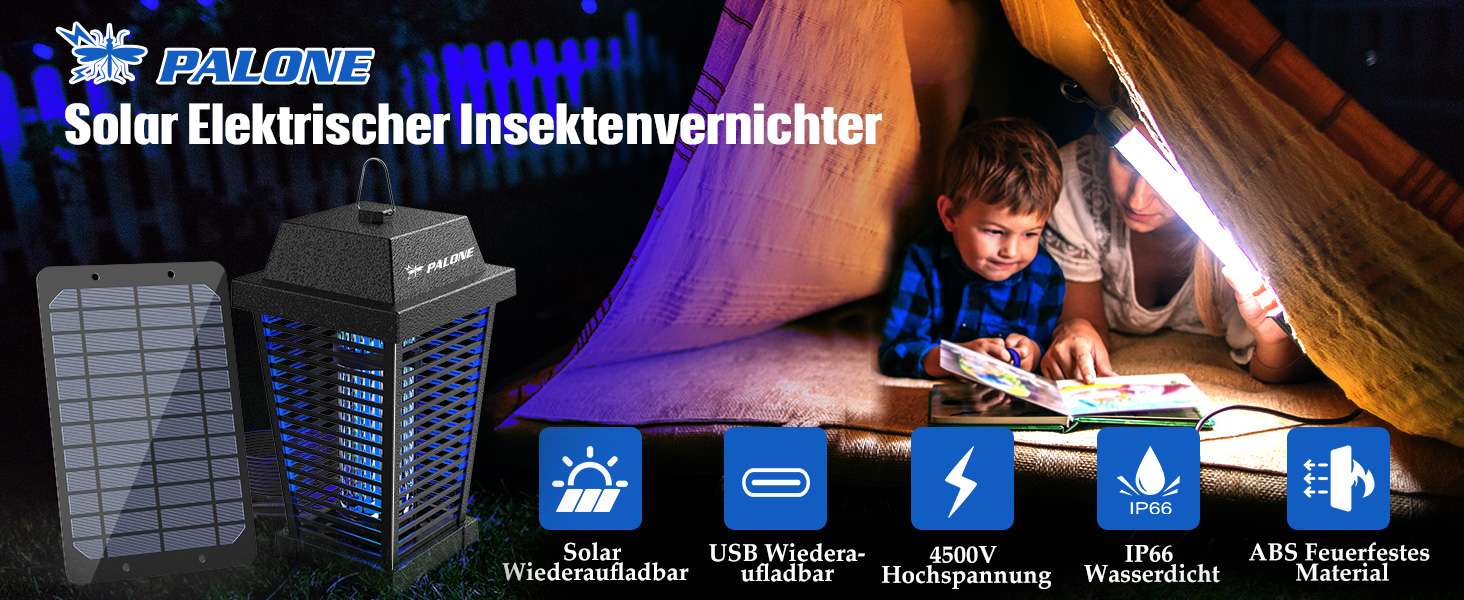 Lampe Anti Moustiques Solaire PALONE 2600mAh/4500V - Destruction Insectes UV USB-C | Lampe Extérieur Intérieur
