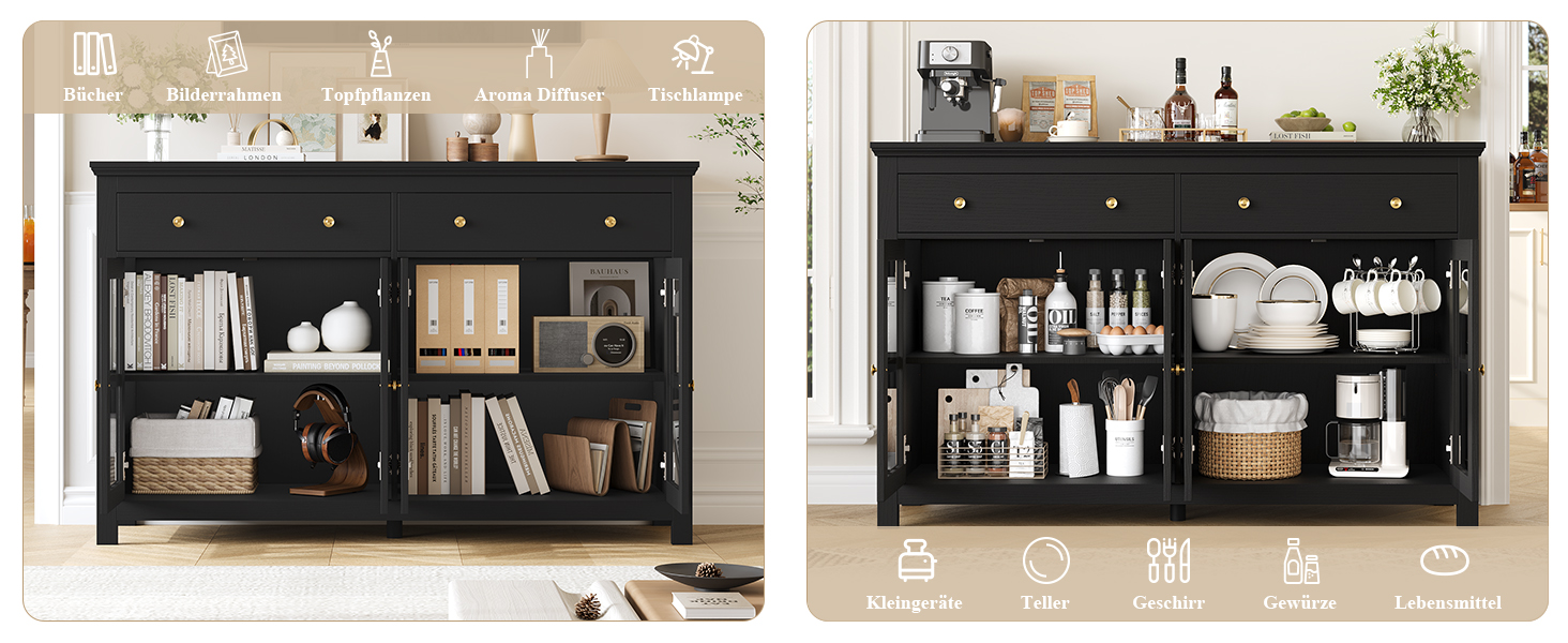 Großes schwarzes Sideboard aus Holz mit offenen Regalen. Zwei Ansichten zeigen die organisierte Präsentation von Küchenutensilien, Büchern und Dekorationsgegenständen