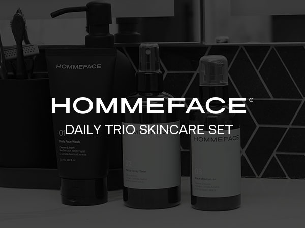 Face Wash, Herbal Spray Toner, and Facial Moisturizer on bathroom countertop.