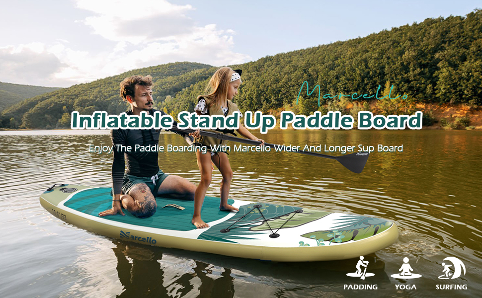 Inflatable stand-up paddle board on a lake with two people, one lying and one standing. Text indicates uses for paddling, yoga, and surfing.