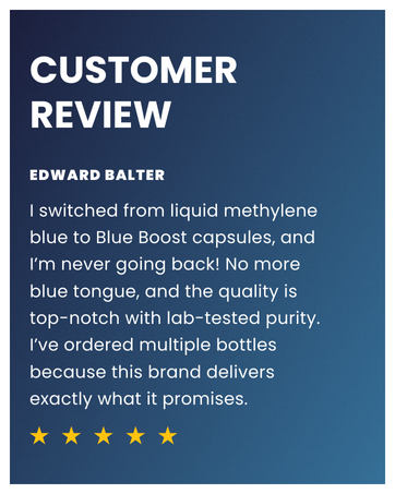 Customer review switching to Blue Boost capsules with no blue tongue and lab-tested purity