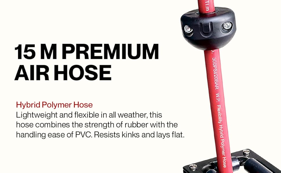 Text reads '15 M PREMIUM AIR HOSE' and 'Hybrid Polymer Hose. Lightweight and flexible in all weather, this handling ease of PVC Excels kinks and lays flat.' Red air hose product shown from multiple angles.