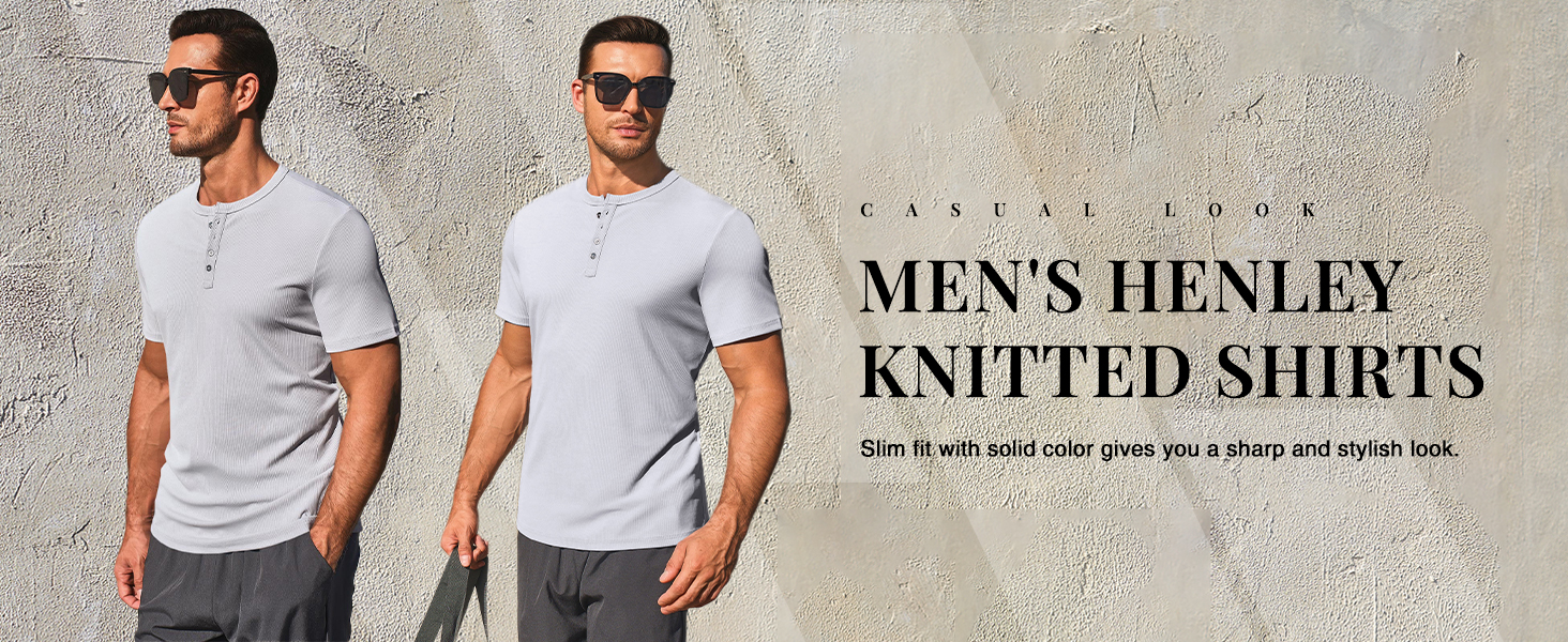 Men's Henley Shirts Short Sleeve Casual Ribbed Knitted Summer T-Shirt Slim Fit Workout Muscle Tops