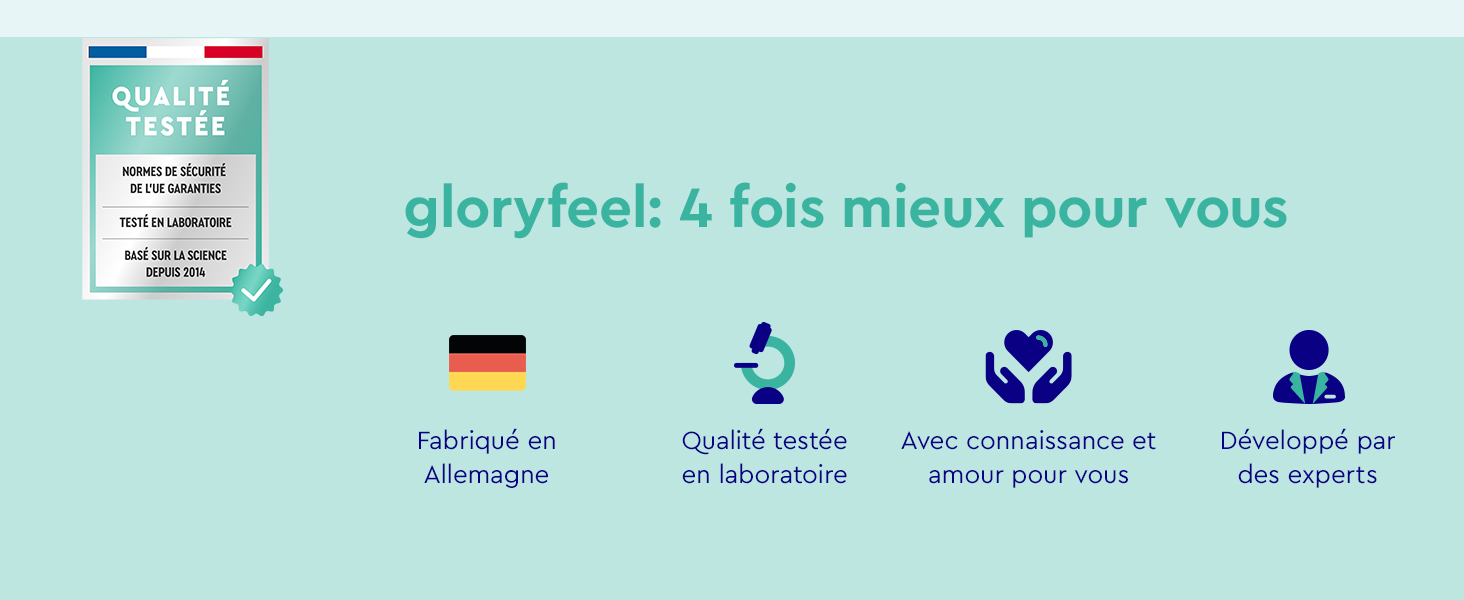 avec quatre icônes illustrant les avantages du produit, y compris l'origine allemande et les tests de qualité, avec un texte en français « gloryfeel : 4 fois