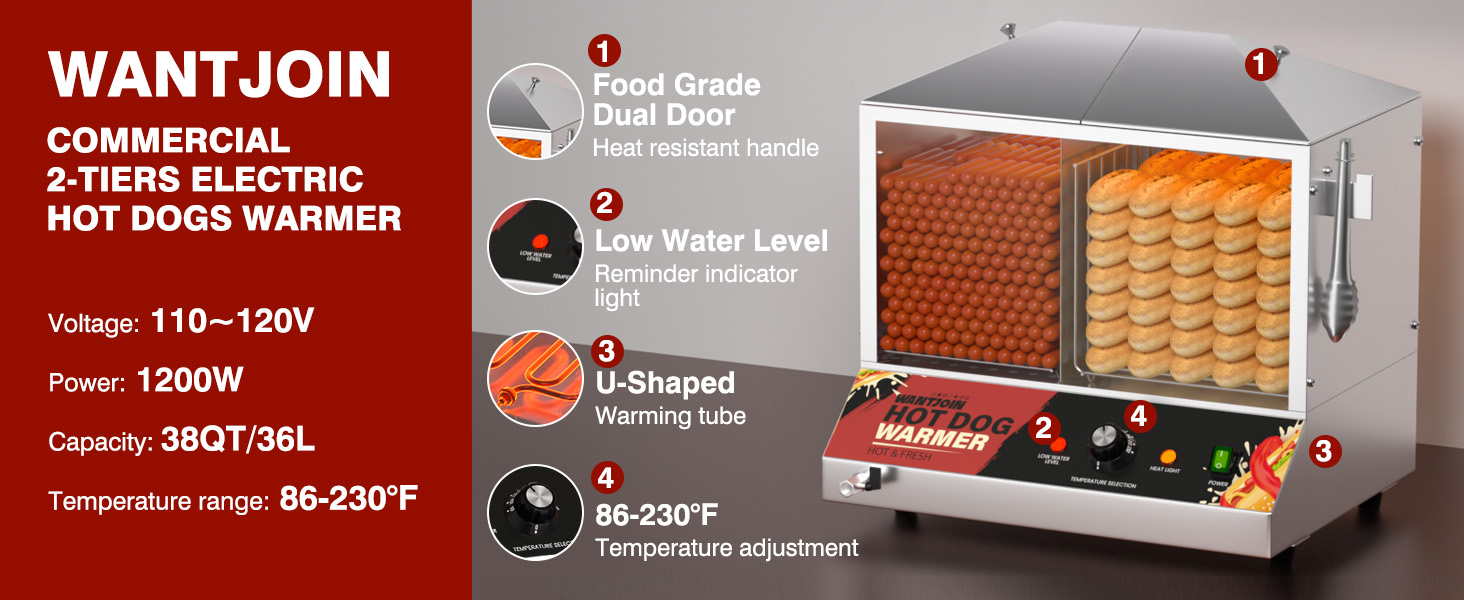 WantJoin Hot Dog Steamer 36L/38QT Commercial Hot Dog