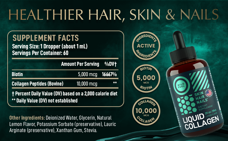 Wild Fuel Liquid Collagen Peptides with Biotin Vitamins for Hair Skin and Nails