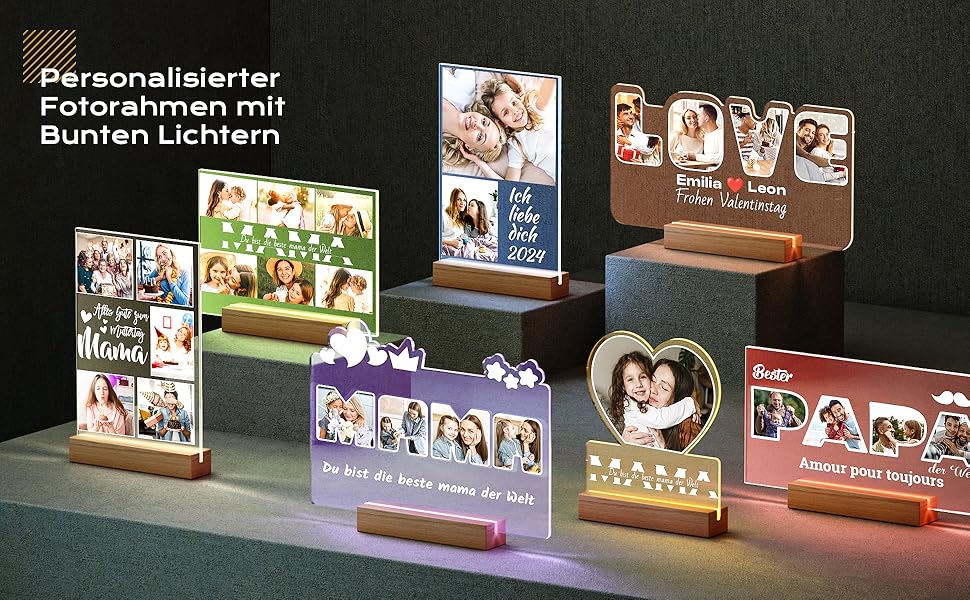 Assortment of personalized photo frames with LED lights. Various shapes and designs, including heart-shaped and rectangular frames with wooden bases.