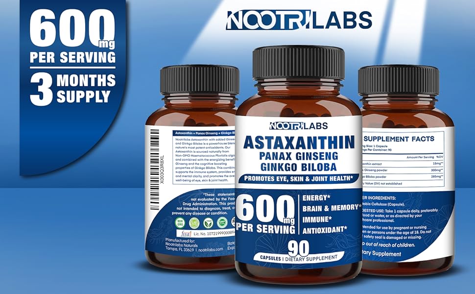 Astaxanthin 15mg + Panax Ginseng, Ginkgo Biloba Supplements, 90 Vegan