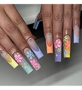 IMRAIN Long Square Press on Nails Colorful Gradient Fake Nails with Flower Designs Matte Acrylic ...