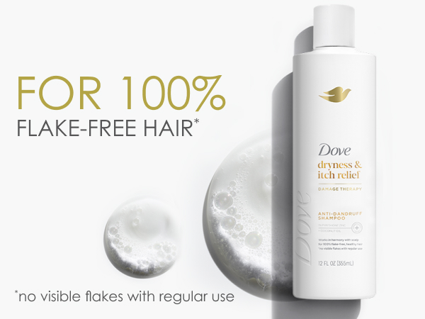Image of Dove Dryness & Itch Relief Anti-Dandruff Shampoo on top of the liquid product next to text.