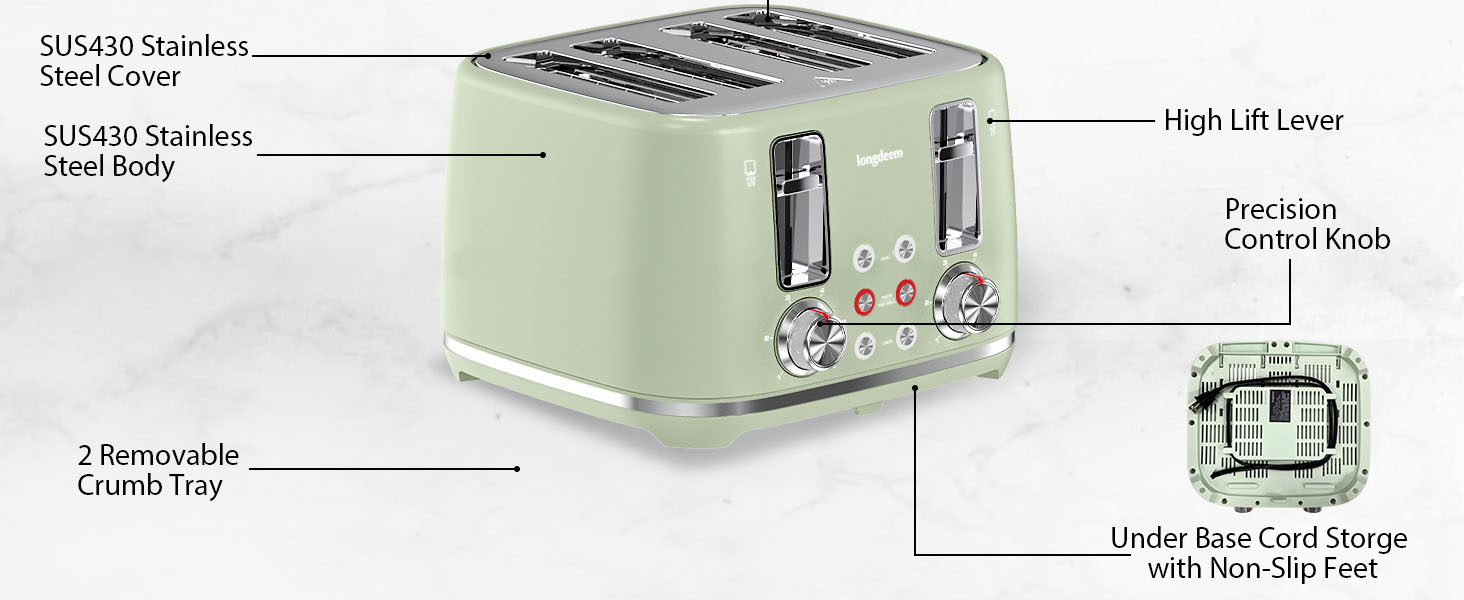 Longdeem 4 Slice Toaster, 1.5" Extra Wide Slots, Retro Stainless Steel