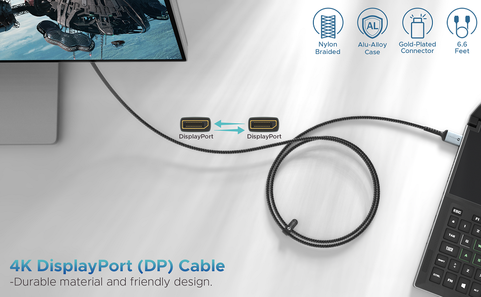 WARRKY DisplayPort Cable 2m/144hz, Display Port Lead, Support 4K60Hz