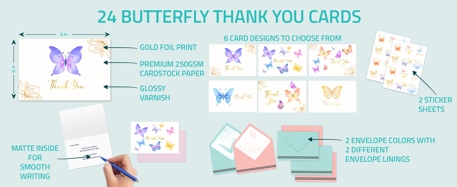 24 GoldFoiled Butterfly Thank You Cards with Envelopes