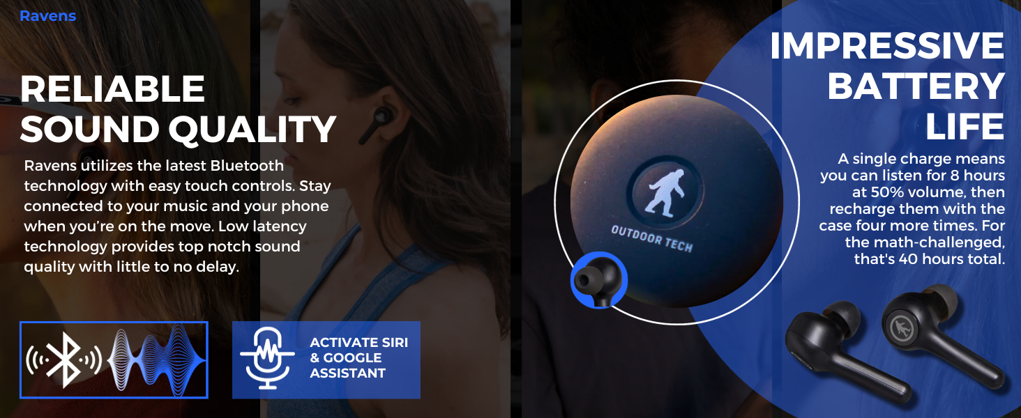 Outdoor Tech Ravens Wireless Earbuds with Rechargeable Case - True Wireless Low Latency Bluetooth Headphones with Microphone - Sports, Outdoors, Travel Bluetooth Earbuds 38 Reliable Sound Quality