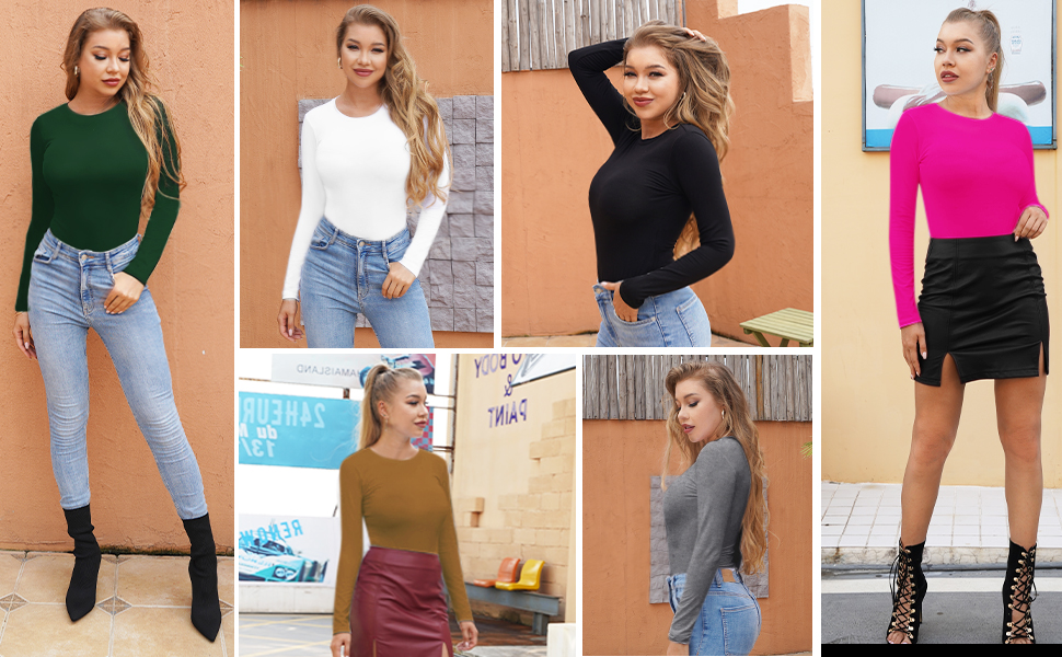 MANGOPOP Women's Crew Neck Short Sleeve Long Sleeve T Shirts Bodysuit Jumpsuit