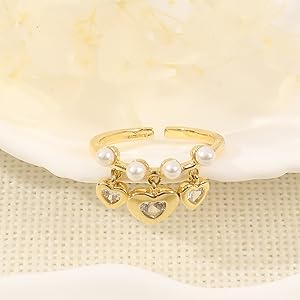 Gold Pearl Heart Ring for Women