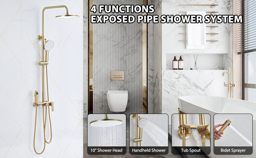 VAKITAP Brushed Gold Exposed Pipe Shower System, 4Function Exposed