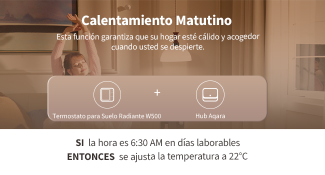 El texto dice: «Calentamiento Matutino» con una interfaz que muestra los ajustes de reloj y temperatura. El texto en español indica la función de programar el calentamiento matutino.