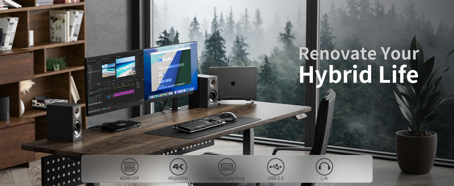 DisplayPort + HDMI KVM Switch 2 Monitors 2 Computers 4K@60Hz