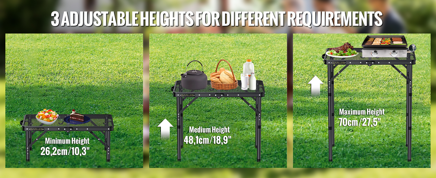 Diagram showing three height settings for outdoor cooking equipment, ranging from 20.3cm to 71.5cm, displayed on grass background.